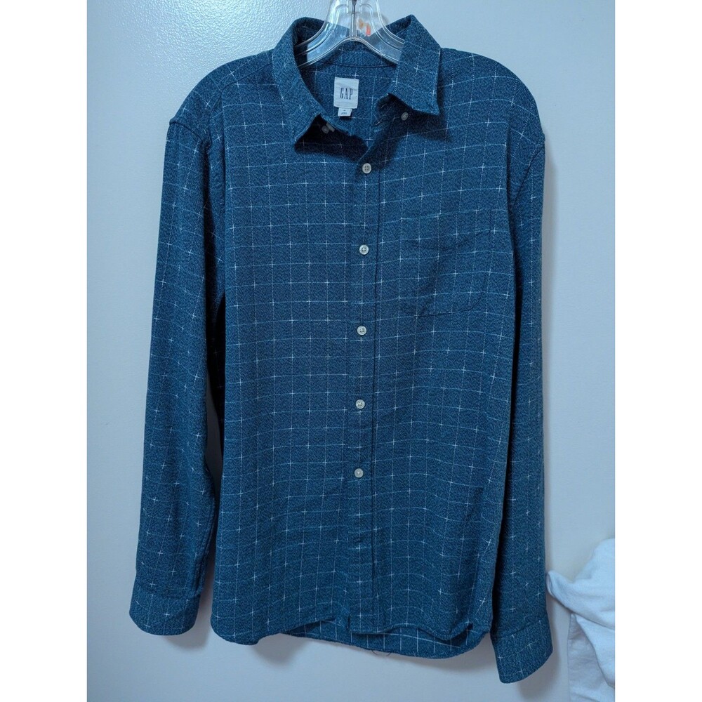 GAP Men's Blue Check Button-Down Collar Long Sleeve Cotton Woven Shirt M